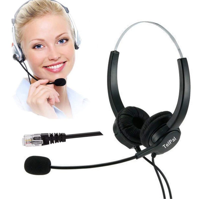 TelPal Telephone Headset, Hands-Free Call Center Noise Cancelling Corded Binaural Headset Headphone 4-Pin RJ9 Crystal Head Mic Microphone Desk Phone -Telephone Counseling Services,Insurance, Hospitals - Image 1